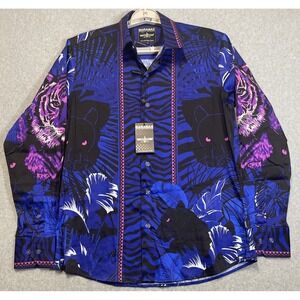 BARABAS Men's Tiger Panther Floral Button Down Long Sleeve Shirt Sz Small